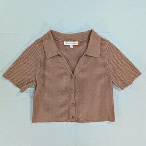 Hazel Moon Brown Ribbed Collared Short Sleeve Crop Sweater Size Medium